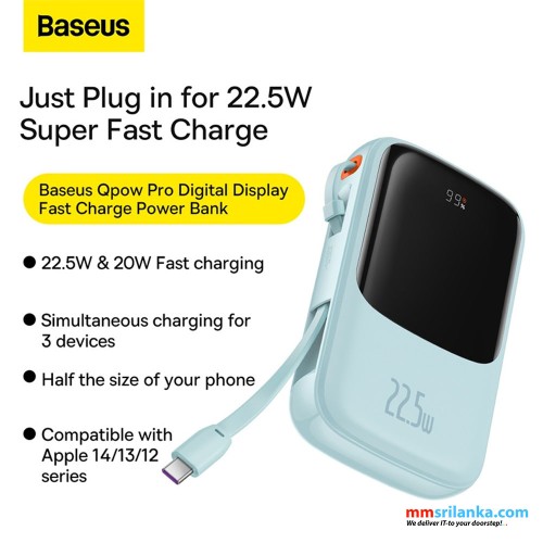 Baseus Qpow Pro 10000mAh 22.5W Digital Display Fast Charge Power Bank Type-C Edition Blue 